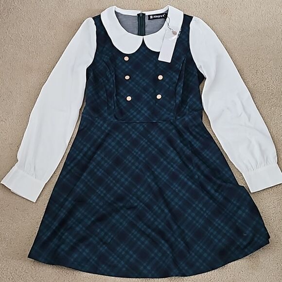 Allegra K Women's Peter Pan Collar Contrast Color Preppy Fit Flare Plaid Dress M - Picture 6 of 11